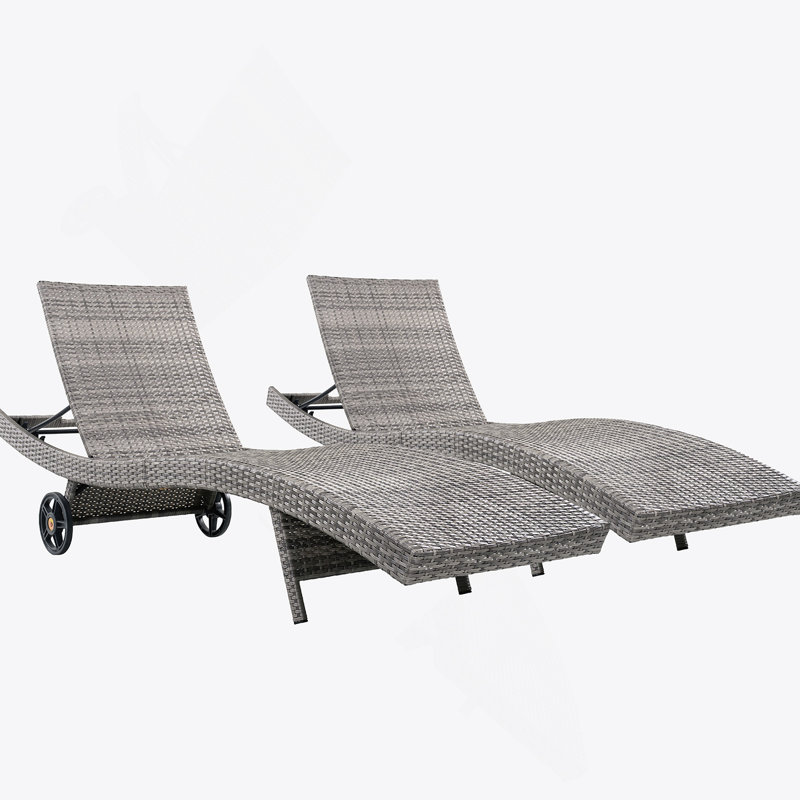 Ensemble de 2 chaises longues de patio, chaise longue d'extérieur inclinable à roulettes, table d'appoint coulissante, dossier réglable