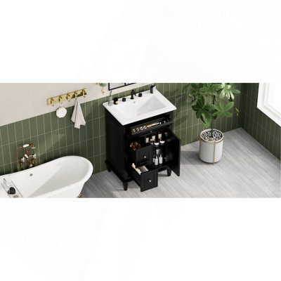 Meuble-lavabo 24 po avec lavabo, meuble-lavabo avec un tiroir rabattable et deux tiroirs, tablette réglable, bois massif et panneau de fibres à densité moyenne, noir