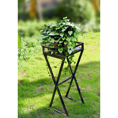 Support pour plantes de 90 cm (35,5 po) avec dalle en pierre grise, structure en métal noir et doré, tubes carrés de 1,9 cm (0,75 po), profondeur de 36,3 cm (14,29 po).