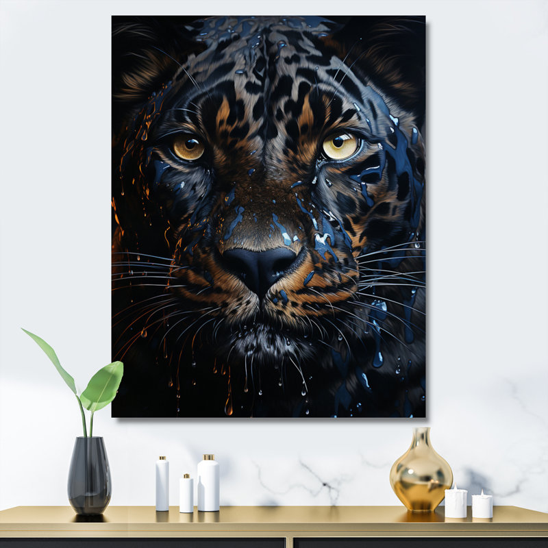 «Teal Yellow Midnight Panther Inky I», reproduction d'art sur toile, H 32 po x l 24 po x P 1 po, Toile tendue