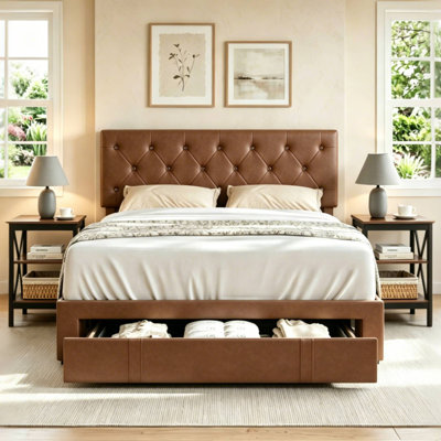 Lit plateforme tapissier avec rangement et tête de lit capitonnée réglable + ensemble de 2 tables de chevet industrielles à 3 niveaux, ensemble complet de meubles de chambre à coucher avec tiroirs, aucun sommier nécessaire, base de lit en cuir PU avec tables de bout