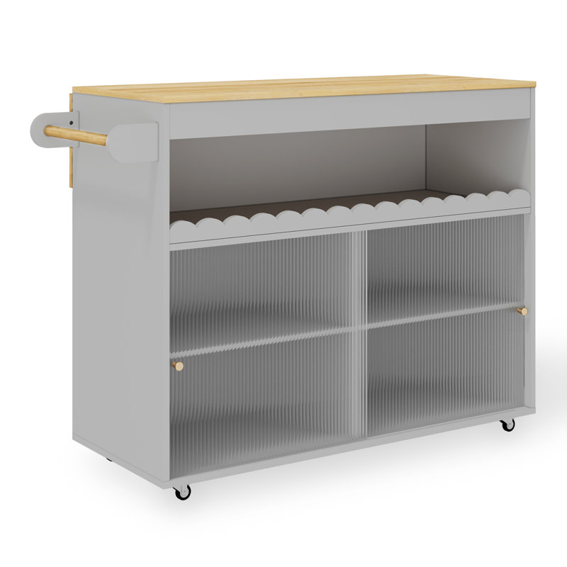 Kitchen Island With 3 Shelves And Sliding Doors, Grey