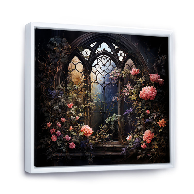 Floral floral gothique d'églises de fenêtre II - Art mural de fenêtre pour le salon, H 16 po x l 16 po x P 1 po