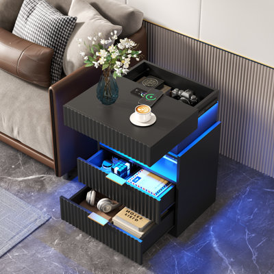 Nightstand With Charging Station And LED Lights, Fluted Night Stand With 2 Drawers & Open Shelf,Modern Bedside Table With Hidden Compartment For Bedroom,End Side Table For Living Room