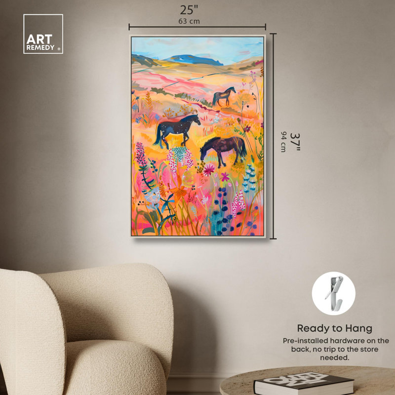 Impression sur toile «Chevaux Beautiful Pasture II» par Art Remedy, H 37 po x l 25 po, Cadre flottant argent