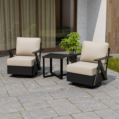Aluminum 3 Piece Patio Chair Set, 2- Person Outdoor Seating Group- Patio Swivel Club Chairs with Side table