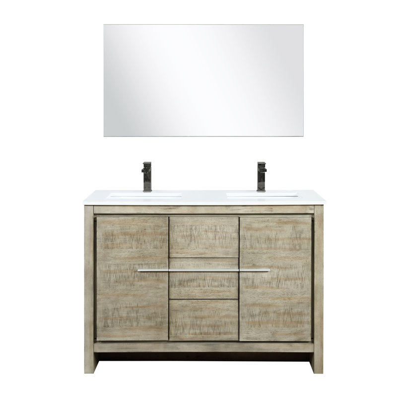 Meuble-lavabo double rustique de 48 po Largeur, surface en quartz blanc, robinet en métal et 43 comptoirs à miroir Genial, tendance