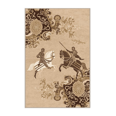 Soft Plush Backman Jousting Scene Classic Damask Area Rug in Brown – Beige Binding