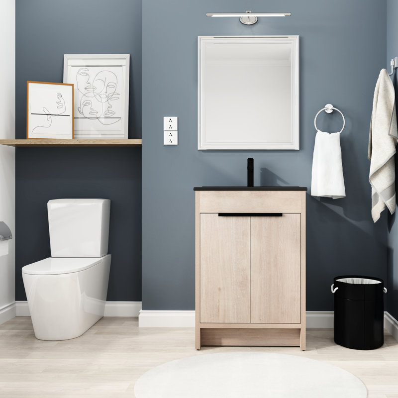 Armoire de salle de bain autoportante de 24 pouces avec lavabo en céramique noire et portes à fermeture en douceur - composant de meuble-lavabo aspect moderne en contreplaqué