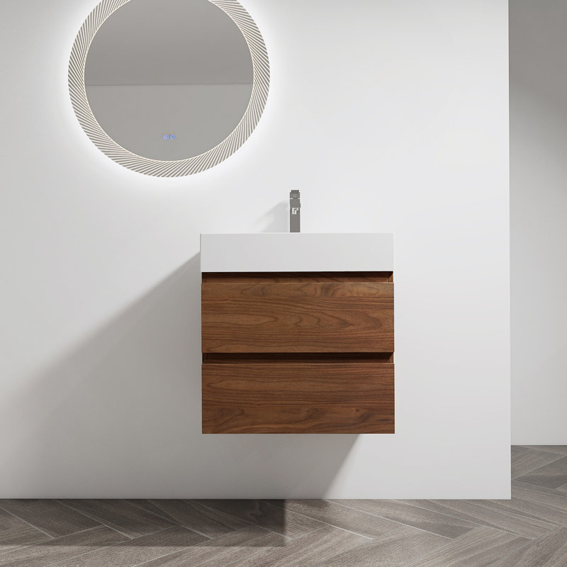 Meuble-lavabo mural 24 po avec lavabo en résine, 2 tiroirs à fermeture en douceur 24 po, Chêne brun, 24"