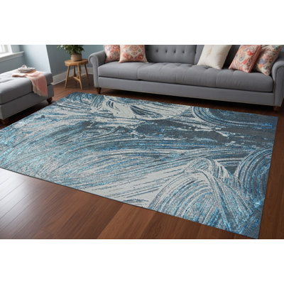 Tapis abstrait bleu et argent 8 pi x 11 pi