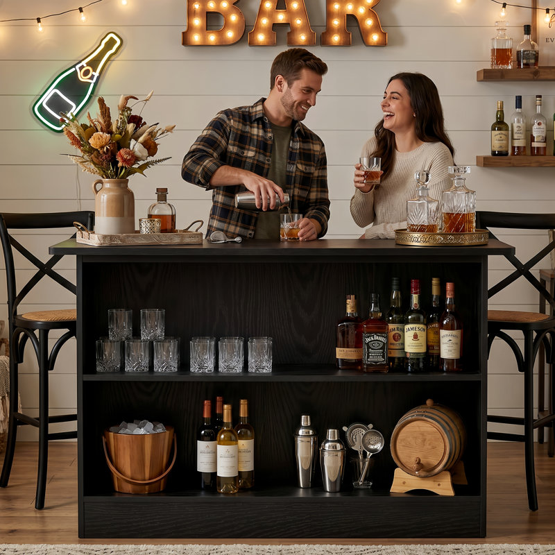 63-Inch Home Bar Unit Wine Bar Table With 2-Tier Storage Shelves And Footrest For Home Pub, Black