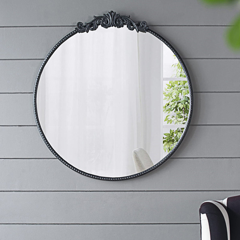 32" Black Round Mirror with Baroque-Inspired Detailing