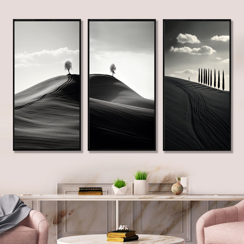 Paysage de désert noir et blanc, Cadre flottant noir, H 32 po x l 48 po