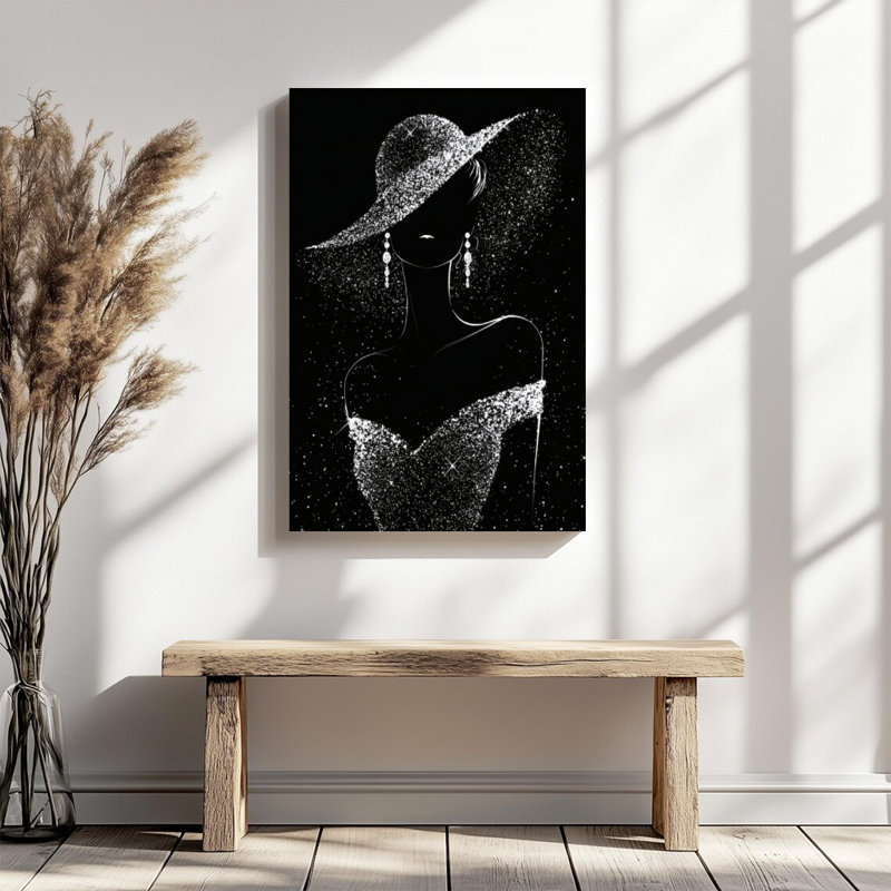 «Digital Glitter Elegant Woman Silhouette in Sparkling Hat & Dress», art mural toile tendue avec cadre intérieur en bois massif, prête à être accrochée