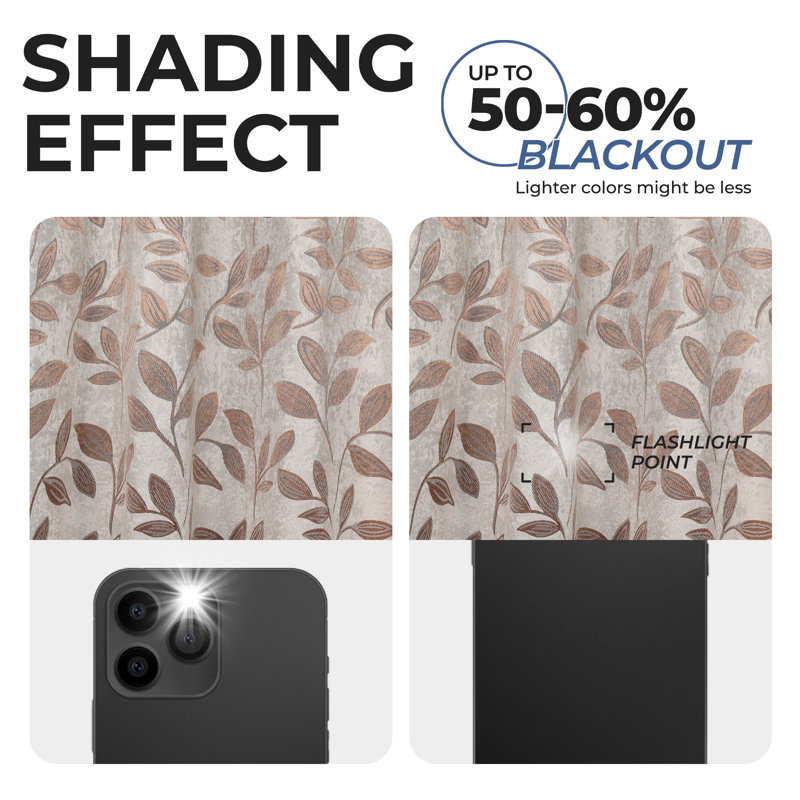  Modern Bohemian Leaves Pattern 100% Polyester Machine Washable Room Darkening Blackout Curtains, Copper, 36" W x 84" L