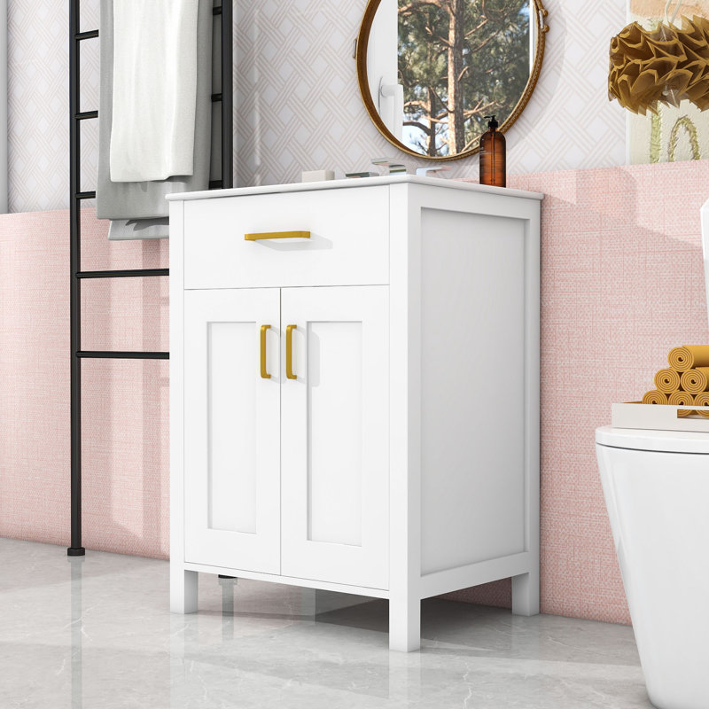 Ensemble de meuble-lavabo simple autoportant avec rangement, lavabo en céramique et poignées dorées Hulstein, Blanc