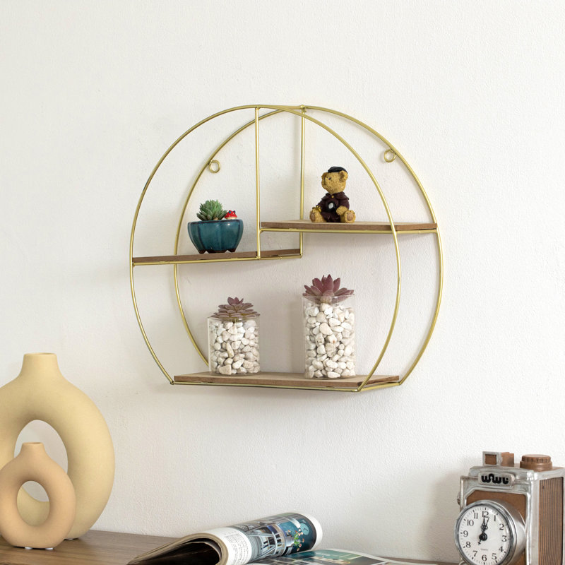 Mercer41 Elegant 3-tier Decorative Floating Geometric Arc Wall Shelf - Semi-circular Metal And Wood Wall-mounted Shelf For Entryway, Bathroom, Bedroom, And Living Room Decor, Gold Finish