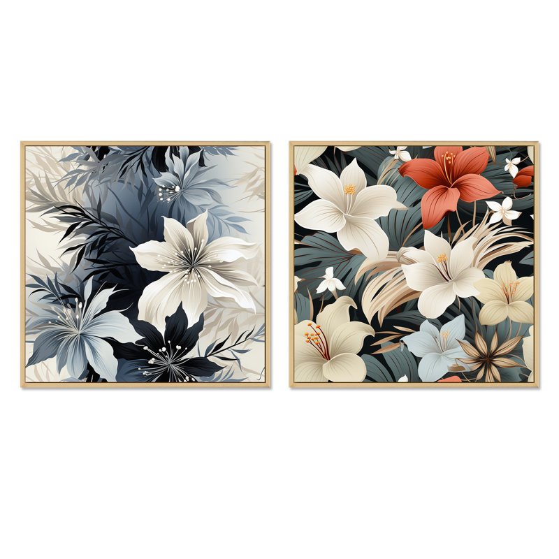 Northfields - Ensemble de 2 collages carrés floraux, Cadre flottant brun, H 36 po x l 73 po