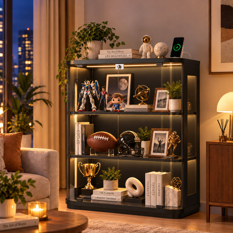 Vitrine de 40 pouces avec éclairage DEL, prise électrique et serrure pour objets de collection, Lego, coins arrondis en acrylique