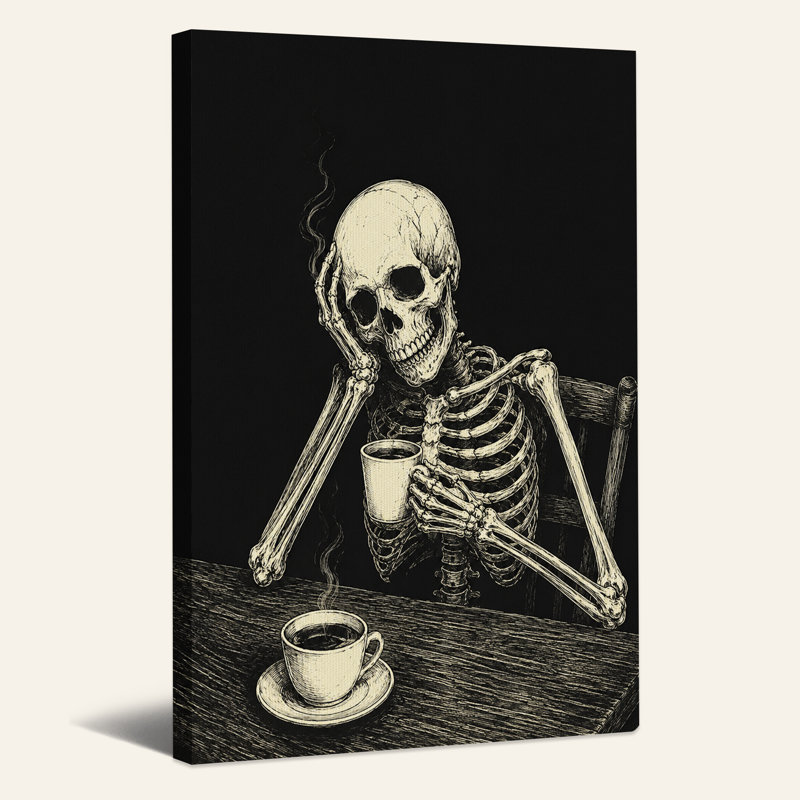 Squelette buvant un café à la table, croquis d'Halloween, art mural sur toile, H 18 po x l 12 po