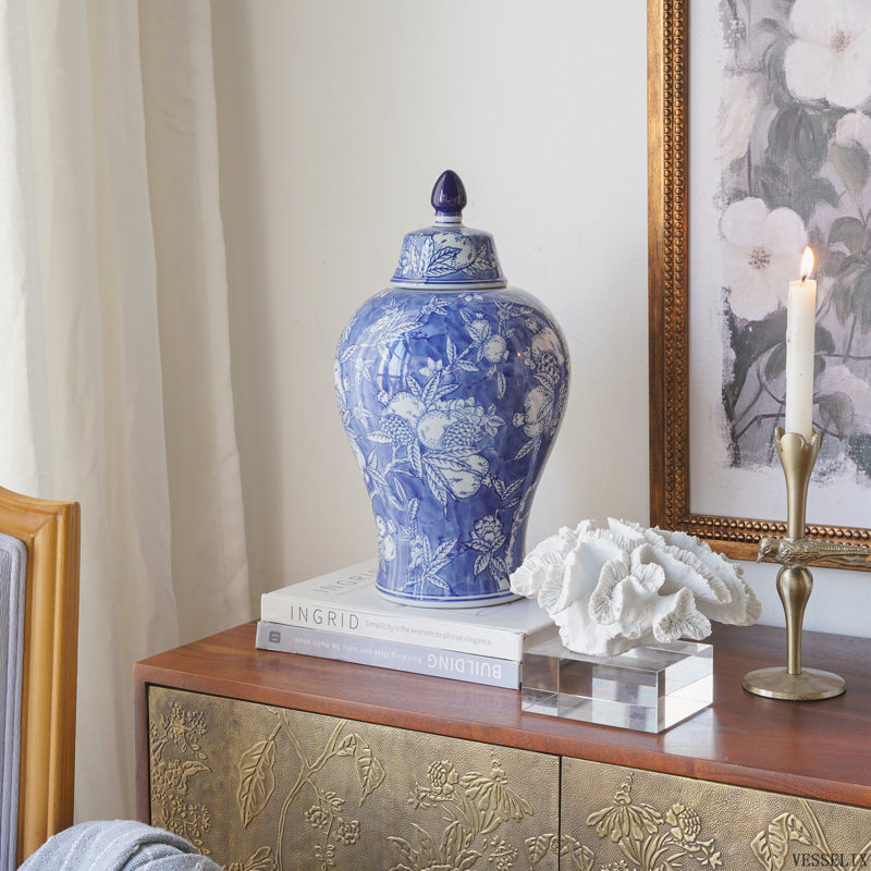 D8,3 po x 14,6 po en porcelaine bleue et blanche avec couvercle, urne de rangement décorative pour la table
