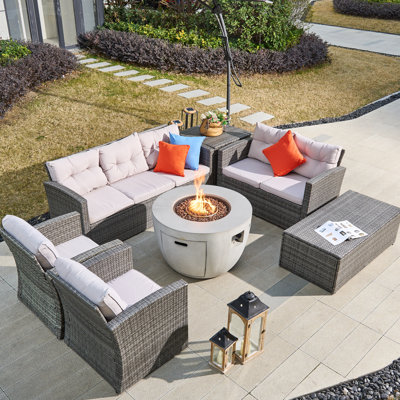7-piece Rattan Patio Sectional Sofa Set With Fire Pit Table