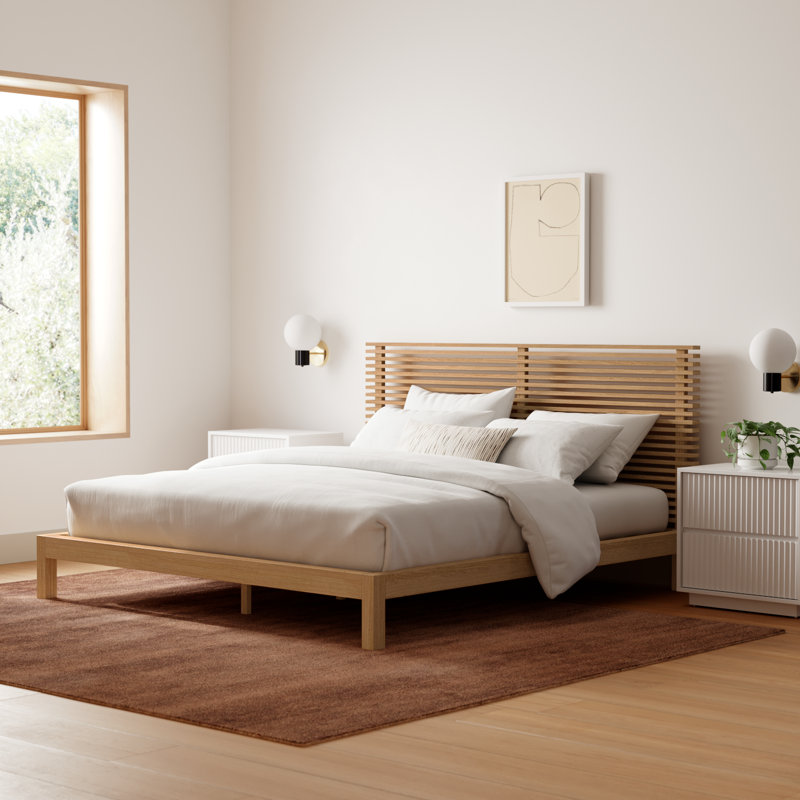 Finnian Unfinished Solid Wood Platform Bed, Queen, Light Oak