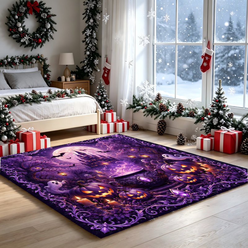 Tapis antidérapant sur le thème de l'Halloween : château, citrouille, lune, chauve-souris et fantôme. Décor de sol unique pour salon, chambre, bureau, intérieur et extérieur.