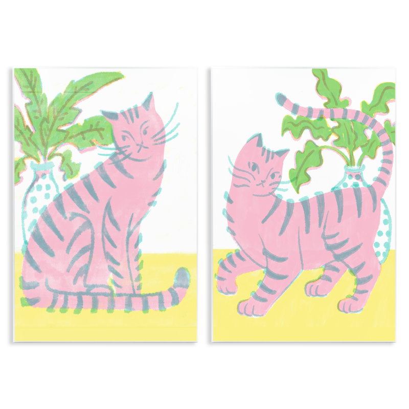 Ensemble de 2 plaques murales pastel rose, chats et plantes, design par Hannah Moren, H 15 po x l 10 po