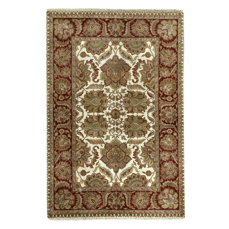 Tapis ivoire et rouge noué à la main de haute qualité