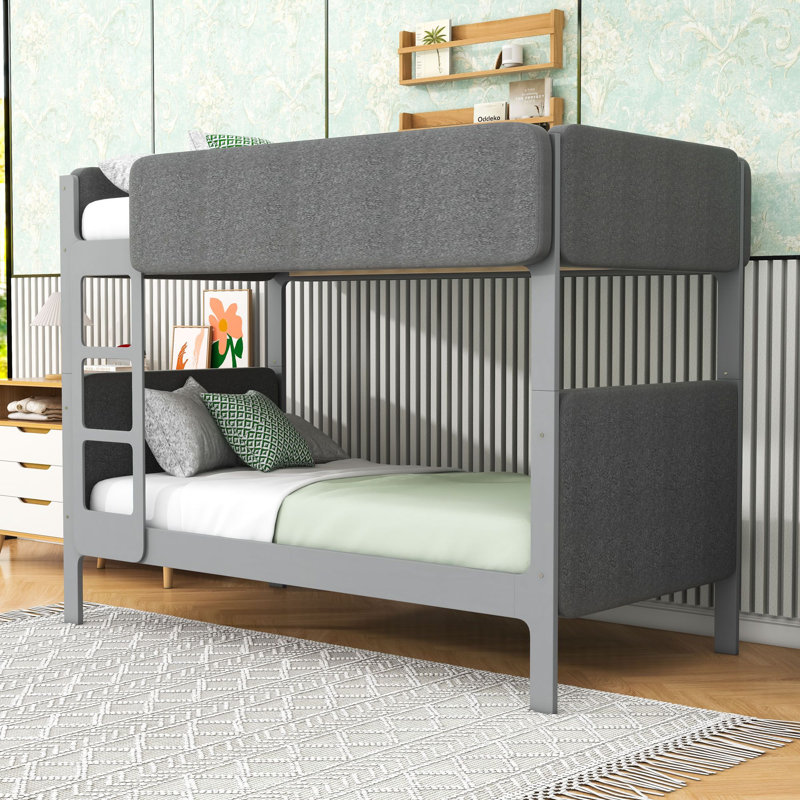 Lit superposé simple en sherpa avec garde-corps et échelle, Gris
