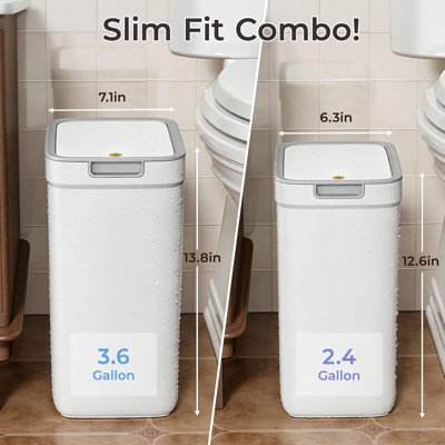 JOYBOS 2 Pack Slim Press-Top Trash Cans with Lids - 3 Gallon & 2.2 Gallon Small Waste Bins, Compact Design for Bathroom, Bedroom, Kitchen