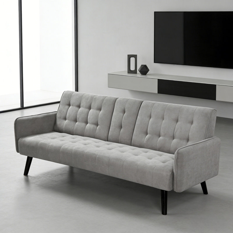 72" Futons Upholstered Convertible Sofa Bed With Cup Holders And Adjustable Backrest, Light Gray Linen, Black