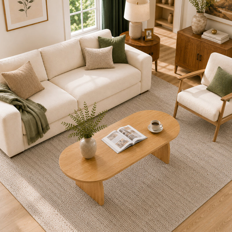 47" Oval Coffee Table, Modern Solid Wood Veneer Center Table, Natural Wood