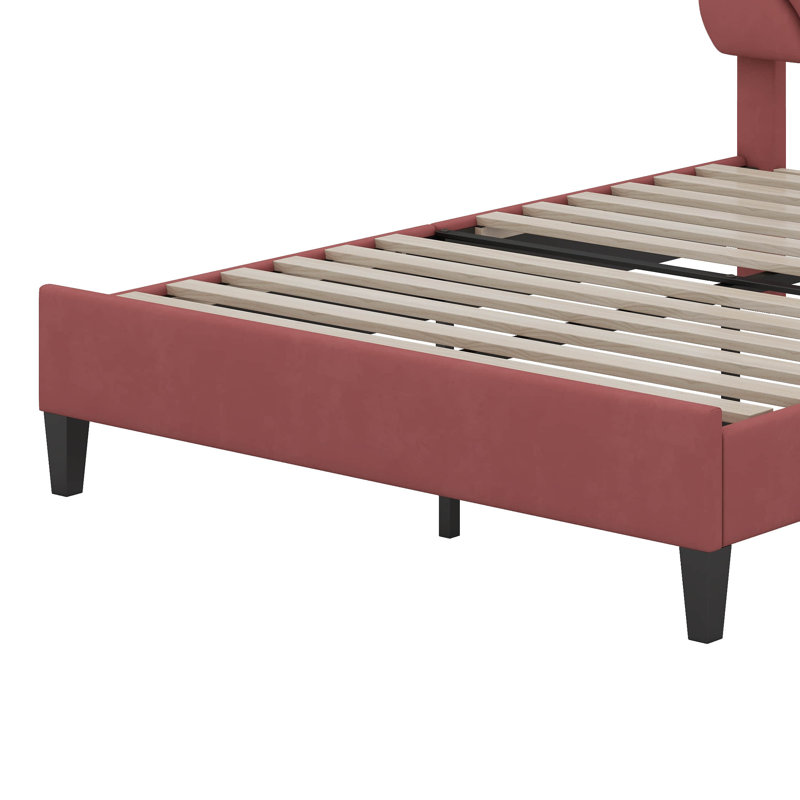 Grand lit plateforme tapissier avec tête de lit en velours à motif floral, Pâte de haricots rouge