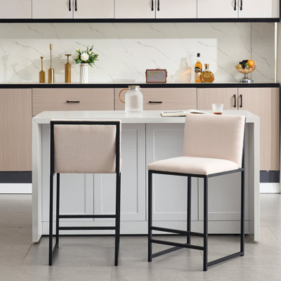 Counter Height Bar Stools Set Of 2, Upholstered Linen Bar Chairs, Metal Footrest And Frame For Kitchen,Dining Room
