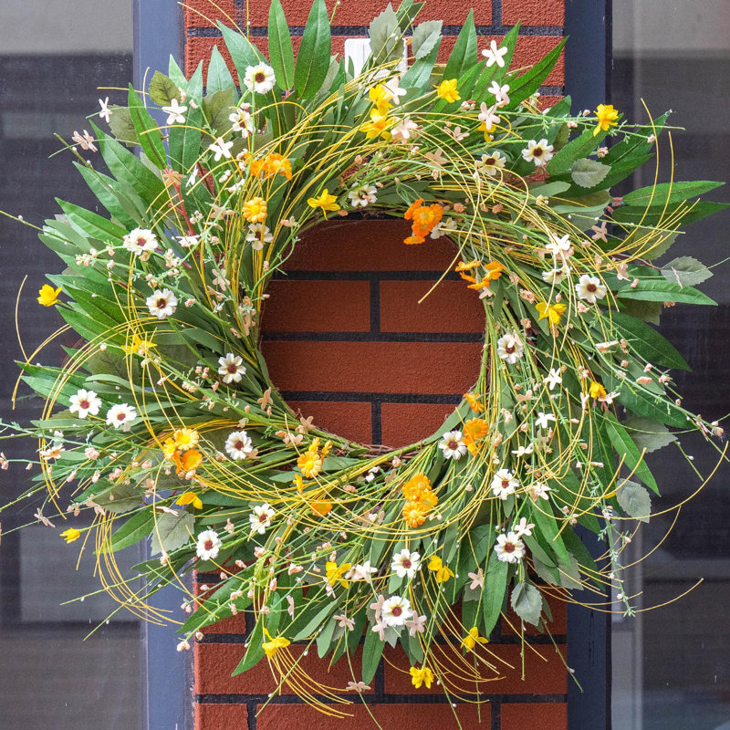 Spring Green and Yellow Daisy Floral Wreath for Front Door