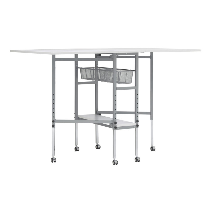 Adjustable Silver and White Folding Cutting Table with Grid Top