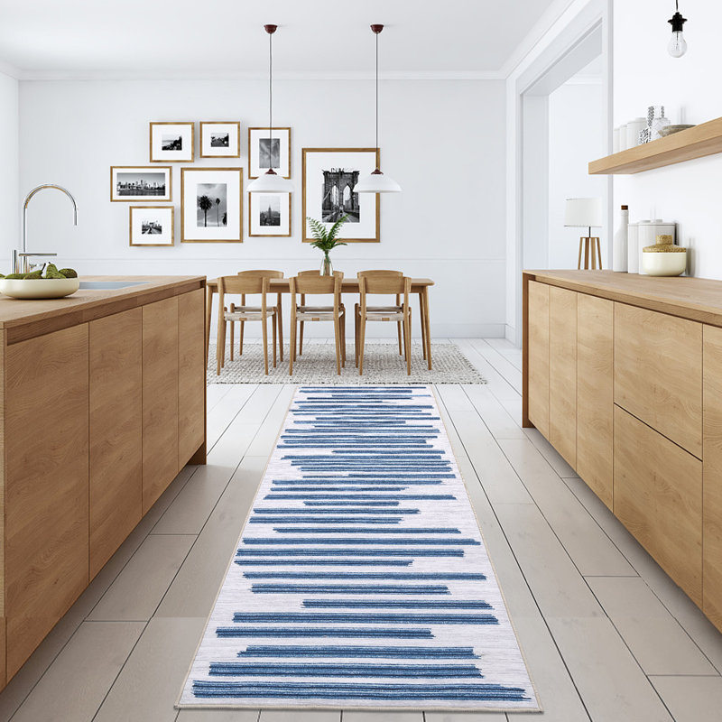 Tapis rayé en polyester bleu Kr Krellyn, Tapis de couloir 2 pi x 6 pi
