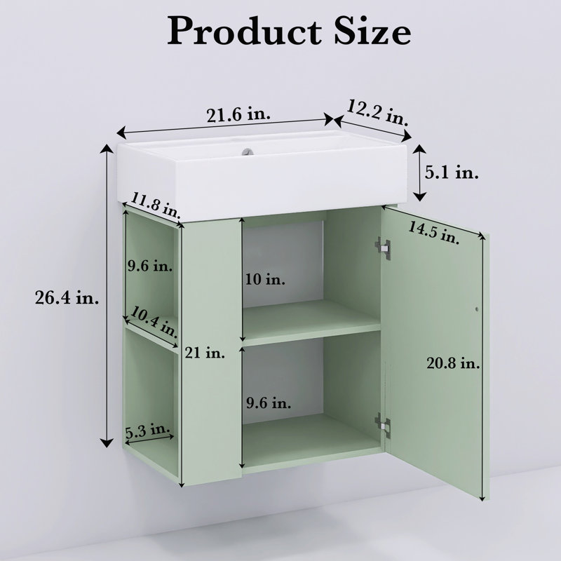 21,6 po Petit meuble-lavabo mural moderne avec lavabo en céramique et rangement à gauche, Vert, Doré