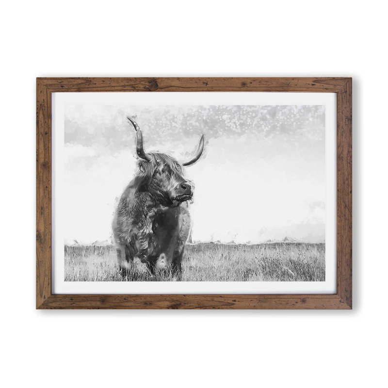'Highland Cow' - Picture Frame Painting Print on Paper, 62cm H x 87cm W x 2cm D, Walnut