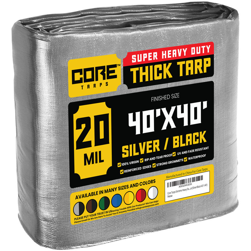Bâche en polyéthylène robuste de 20 mil, imperméable et résistante aux rayons UV, Argent / noir, 40 pi x 40 pi