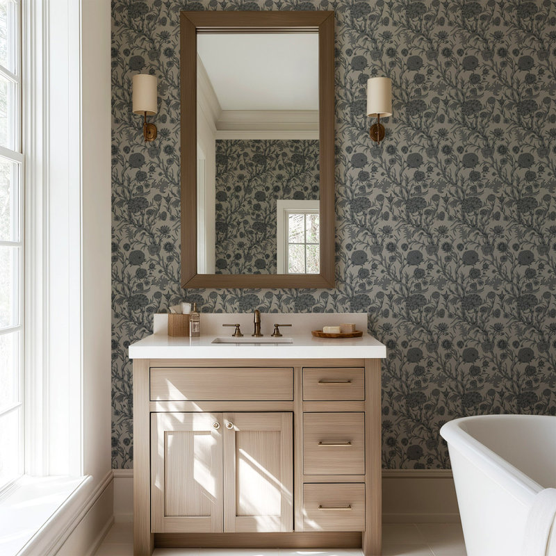 Blooming Thicket - Wallpaper, Goldenrod, Faux Grasscloth, Non-Pasted