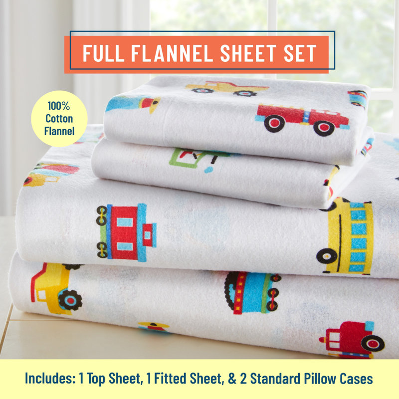 Trains, Planes, and Trucks 210 Thread Count 100% Cotton Flannel Pillowcase Sheet Set