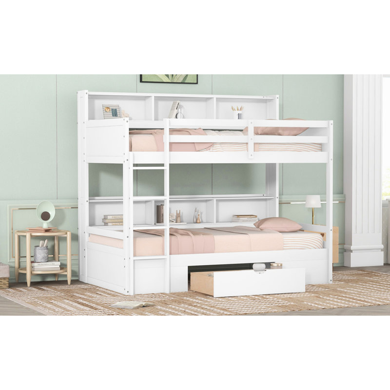 Lit superposé simple en bois de pin blanc avec tiroir de rangement et tablettes intégrées, facile à assembler pour les chambres à coucher avec tiroir