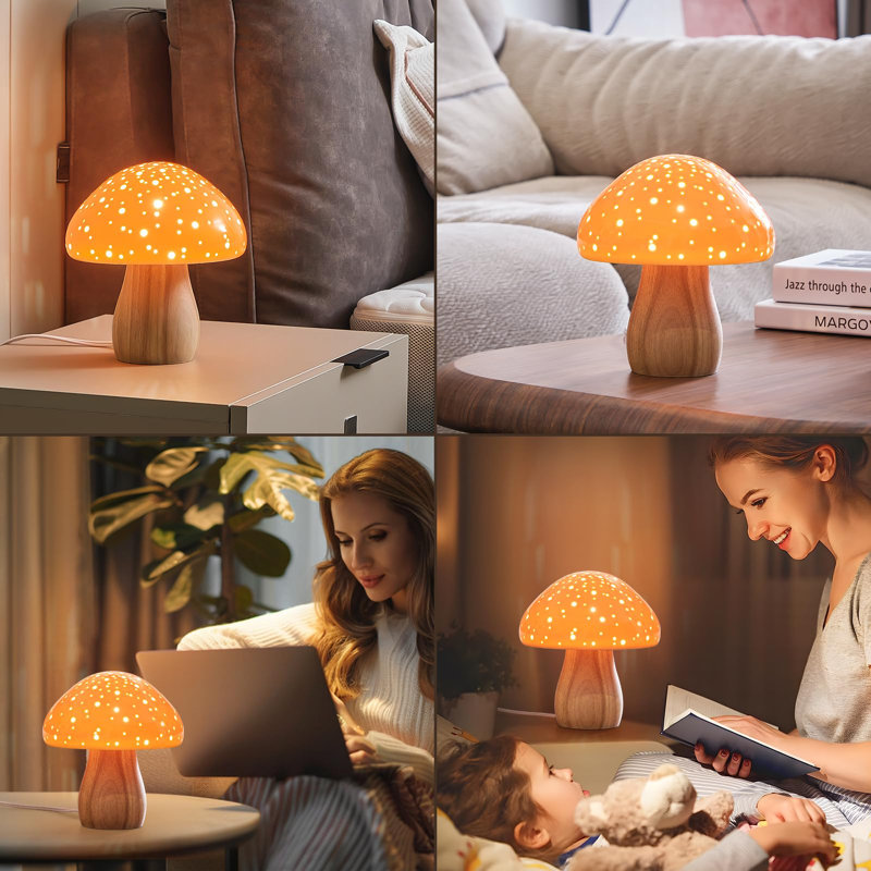 Mushroom Lamp, Ceramic Bedside Table Lamp For Bedroom Nightstand, Retro Vintage Orange Night Light, Small Lamp For Living Room Desk Home Decor Aesthetic Lamp, LED Bulb Included, Orange