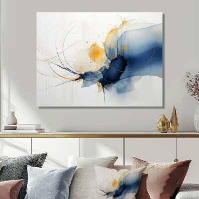 Sérénité en or bleu - Encre liquide, art mural abstrait, salon