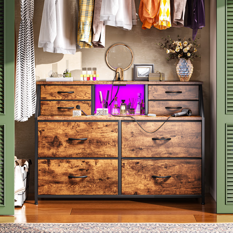 8 Drawer Dresser For Bedroom With Power Outlets & Led Lights, Chest Of Drawers With Open Shelves, Brown
