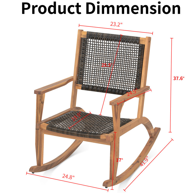 Ensemble 2 pièces de chaises berçantes d'extérieur en bois d'acacia avec siège et dossier en rotin, Marron foncé